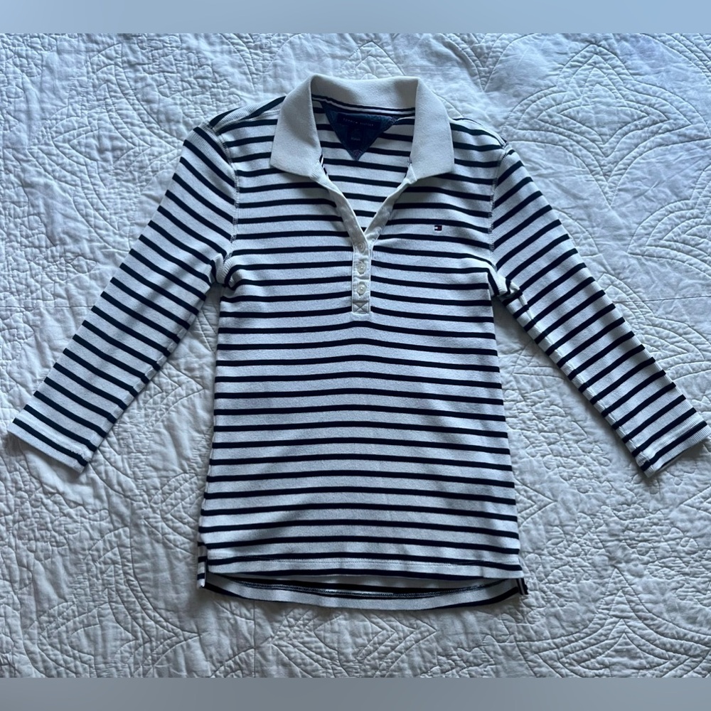 Tommy Hilfiger Long Sleeve polo Shirt. Blue & White. Small
